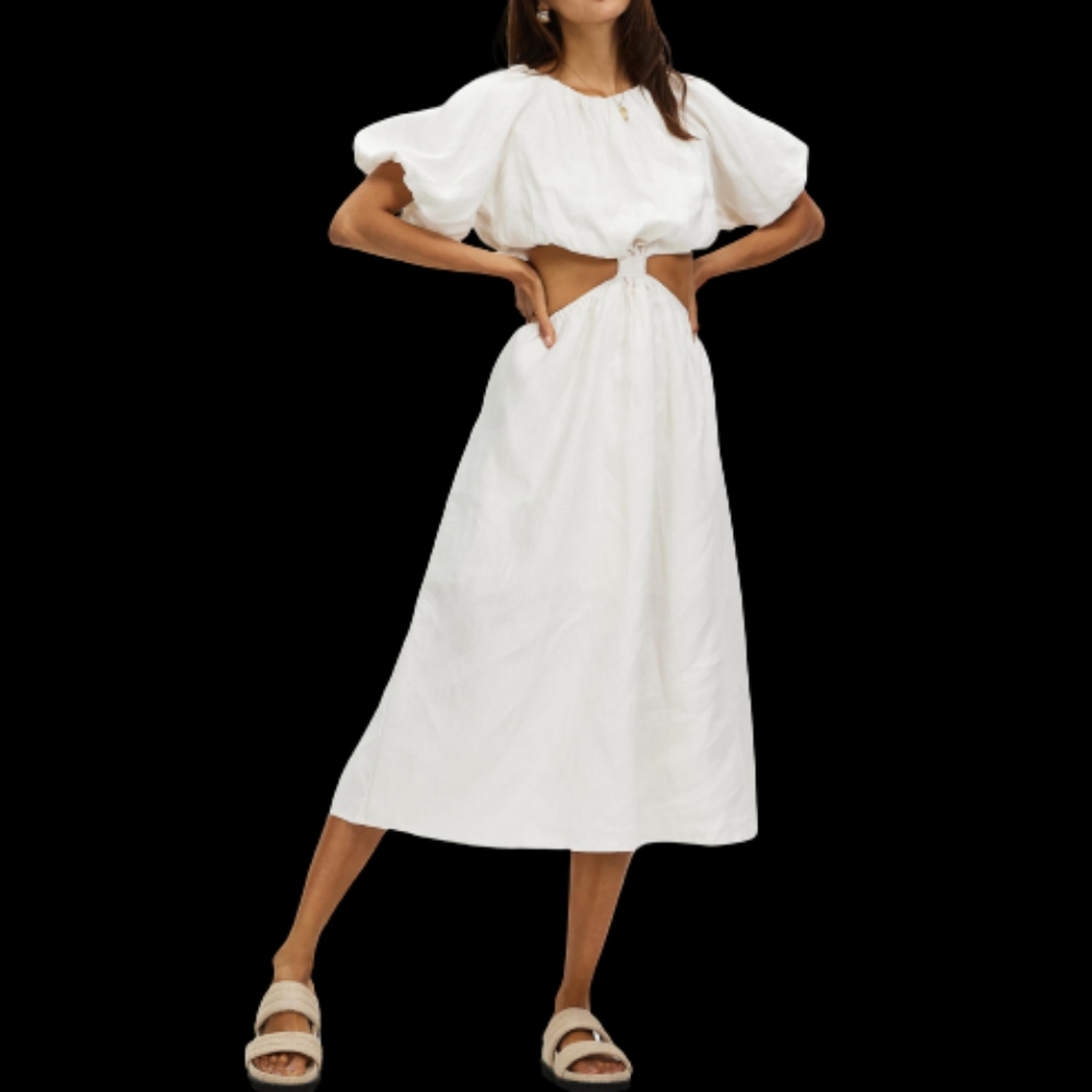 AERE Sydney White Linen Puff Sleeve Midi Dress 8